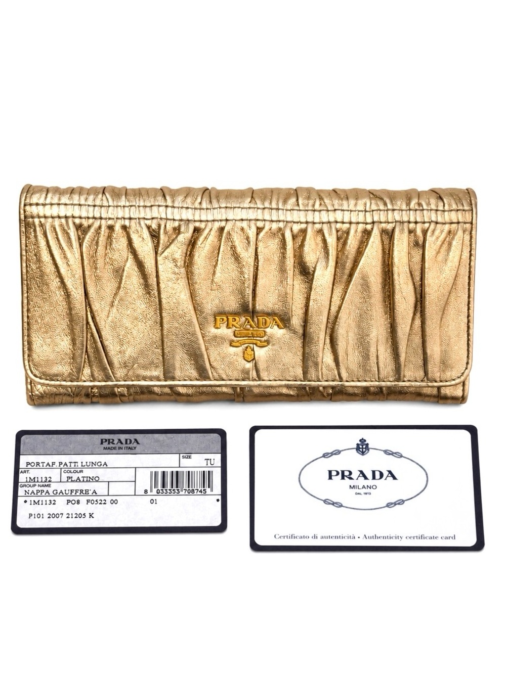 Prada Milano Womens Nappa Gaufre Continental Gold Leather Clutch Wallet Platino
